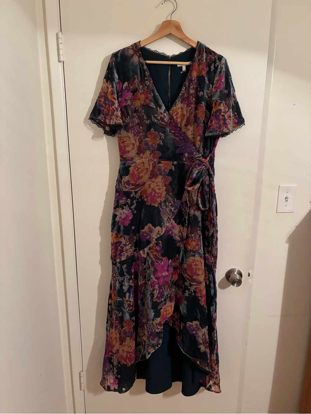 Anthropologie Dark Teal Floral High-Low Wrap Dress with Purple & Gold Blooms